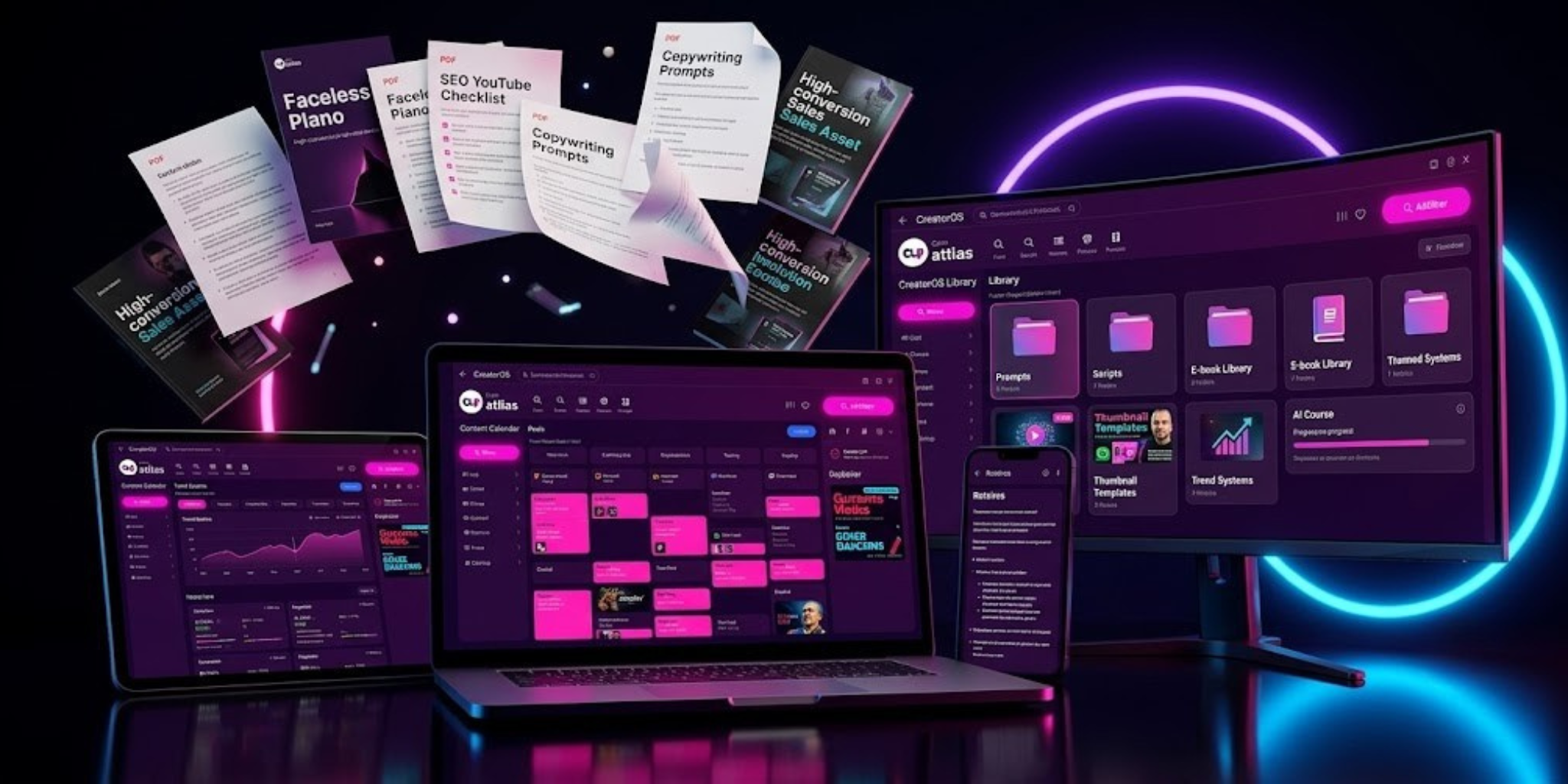 Acervo CreatorOS aberto em notebook, tablet, celular e monitor
